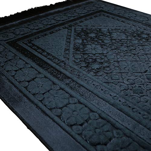 Modefa Velvet Prayer Rug - Soft Plush Turkish Janamaz Sajada Carpet for Men and Women - Plain Solid Prayer Mat Ramadan Eid Gift - with Prayer Beads - Luxury Floral Stamp (Black) - Image 3