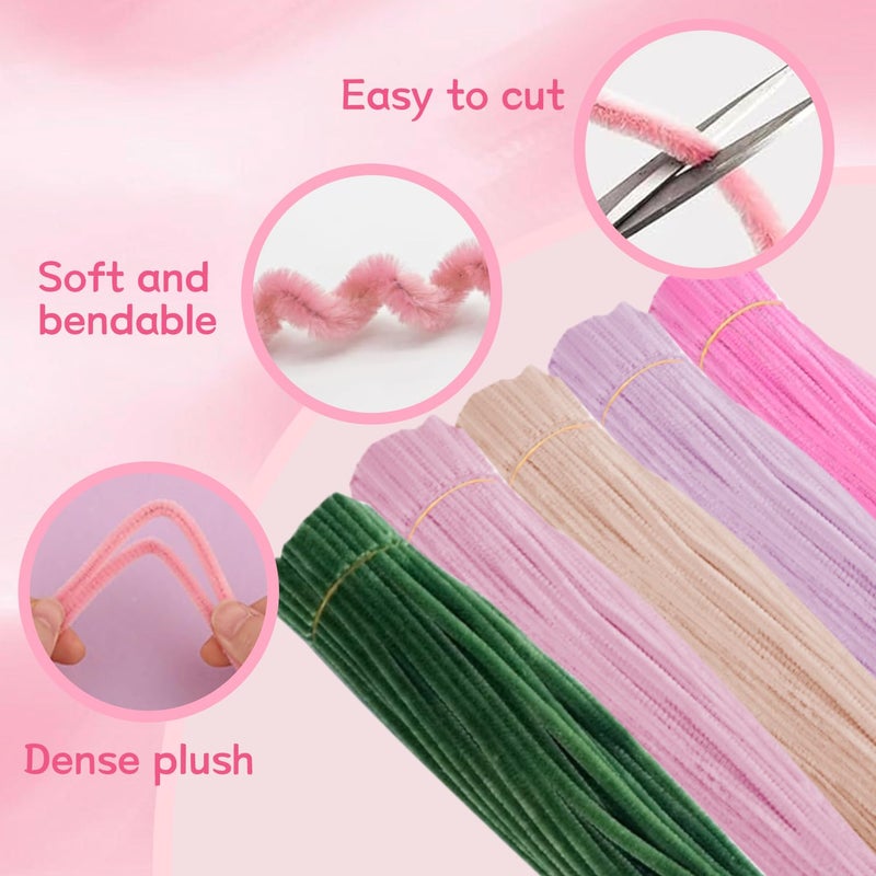 Anyangjia 500 Pcs Pipe Cleaners Craftï¼Œ5 Colors Pipe Cleaners Bulk,Chenille Stems Flowers Craft kit for DIY Handmade Bouquet Wrapping Party Decorations whit Ribbonsï¼ŒStems,Tapeï¼ŒStamens, Glue Sticks (Pink) - Image 3