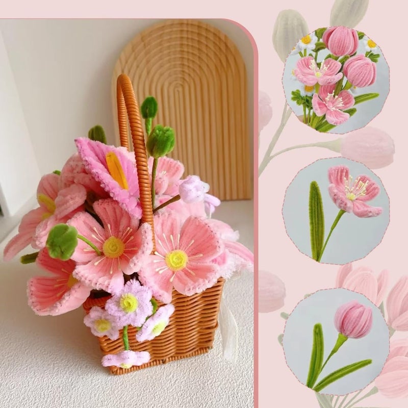 Anyangjia 500 Pcs Pipe Cleaners Craftï¼Œ5 Colors Pipe Cleaners Bulk,Chenille Stems Flowers Craft kit for DIY Handmade Bouquet Wrapping Party Decorations whit Ribbonsï¼ŒStems,Tapeï¼ŒStamens, Glue Sticks (Pink) - Image 5