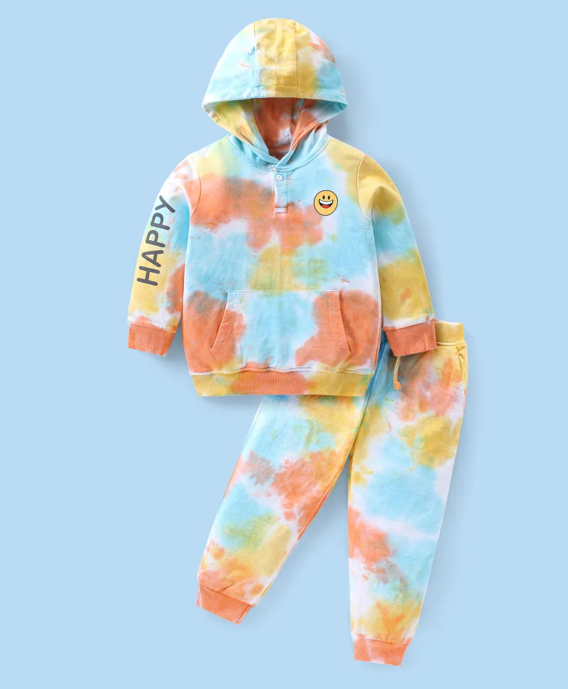 babyhug Babyhug Cotton Knit Full Sleeves Tie & Dye Hoodie & Lounge Pants Set - Multicolor