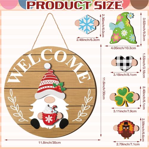 Qunclay Interchangeable Wooden Gnome Decor Holiday Seasonal Gnome Decorations with Magnet Pieces and Detachable Hats Changeable Welcome Sign for Home(Delicate Style) - Image 3