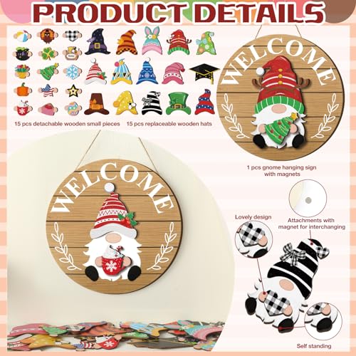 Qunclay Interchangeable Wooden Gnome Decor Holiday Seasonal Gnome Decorations with Magnet Pieces and Detachable Hats Changeable Welcome Sign for Home(Delicate Style) - Image 4