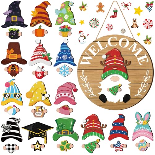Qunclay Interchangeable Wooden Gnome Decor Holiday Seasonal Gnome Decorations with Magnet Pieces and Detachable Hats Changeable Welcome Sign for Home(Delicate Style) - Image 1