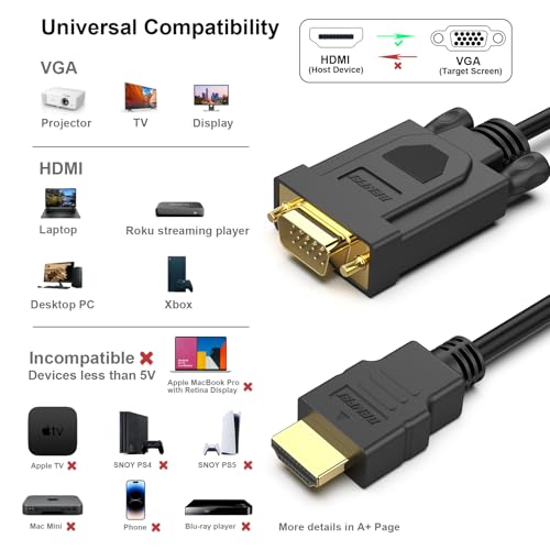 BENFEI HDMI to VGA 3 Feet Cable, Uni-Directional HDMI (Source) to VGA (Display) Cable (Male to Male) Compatible for Computer, Desktop, Laptop, PC, Monitor, Projector, HDTV, Raspberry Pi, Roku, Xbox - Image 3