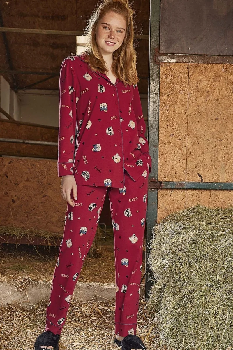 Monamise 21164 Women's Long Sleeved Front Buttoned Shirt Pajamas Suit-Burgundy
