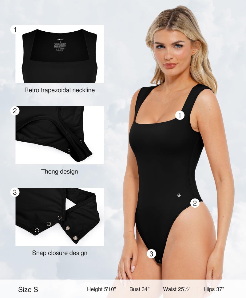 Popilush Bodysuits for Women - Sleeveless Square Neck Thong Bodysuit Tummy Control Black Going Out Double Lined Corset Tops - Image 3