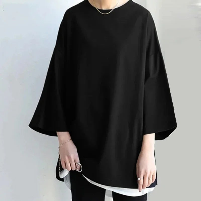 Women''s T-shirt 2024 and AliExpress Spring/Summer Solid Color Crewneck Split Long Sleeve Loose Top - Image 3