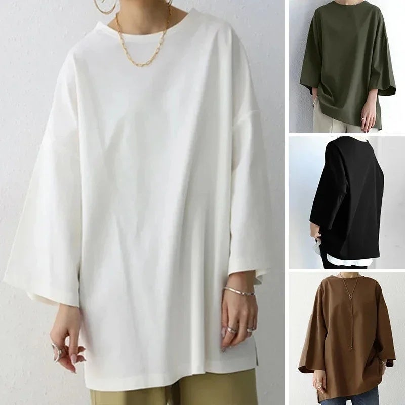 Women''s T-shirt 2024 and AliExpress Spring/Summer Solid Color Crewneck Split Long Sleeve Loose Top - Image 2
