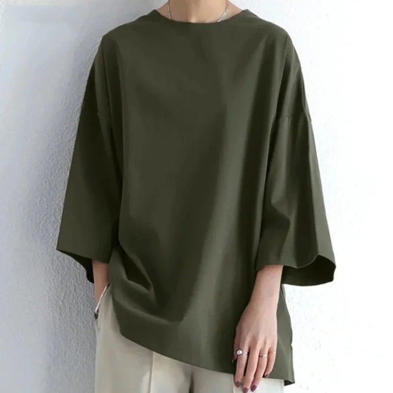 Women''s T-shirt 2024 and AliExpress Spring/Summer Solid Color Crewneck Split Long Sleeve Loose Top - Image 4