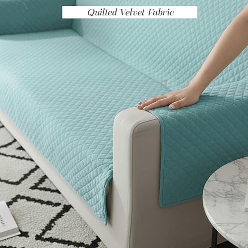 Yellow Weaves 5 Seater Box Design Quilted Velvet Sofa Cover Protector, Set of 3 Pieces (3+1+1), Sky Blue - Image 2