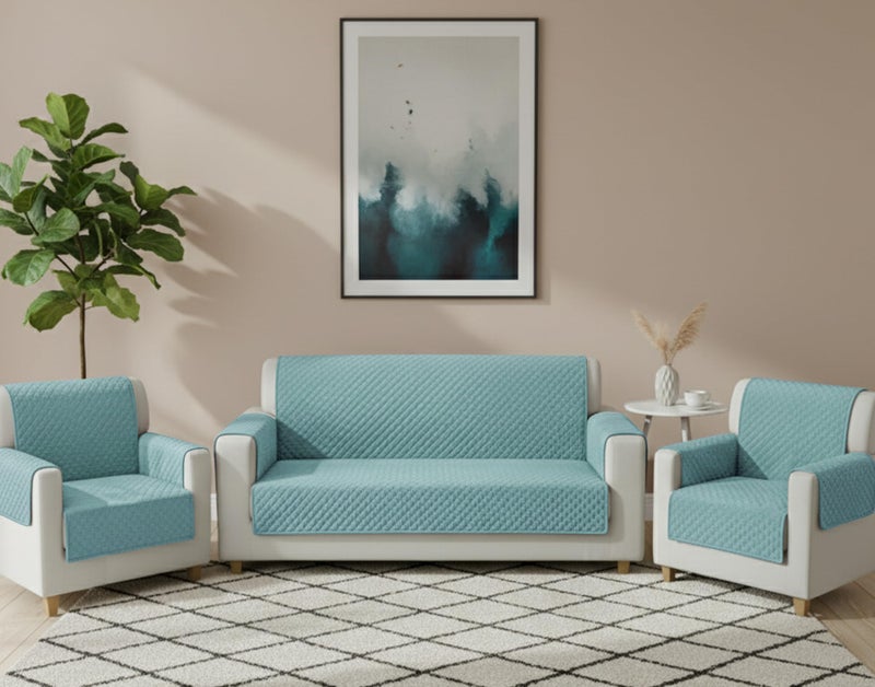 Yellow Weaves 5 Seater Box Design Quilted Velvet Sofa Cover Protector, Set of 3 Pieces (3+1+1), Sky Blue - Image 1