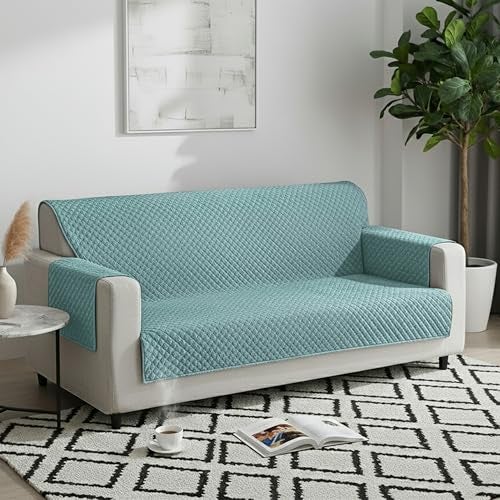 Yellow Weaves 5 Seater Box Design Quilted Velvet Sofa Cover Protector, Set of 3 Pieces (3+1+1), Sky Blue - Image 3