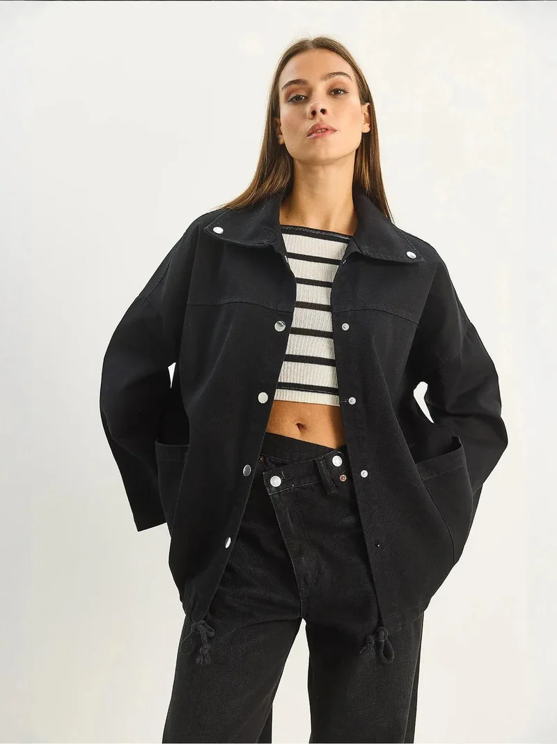 Bianco Lucci Black LUCCI Oversized Denim Button-Up Jacket for Women | Best Price UAE