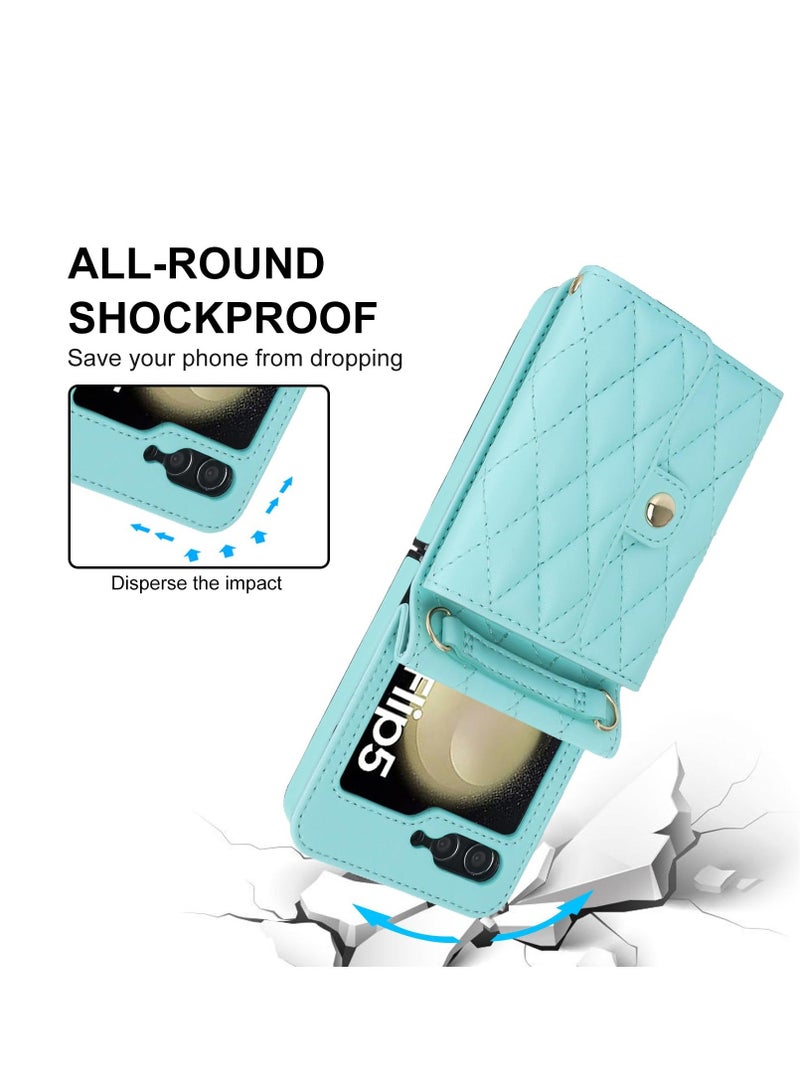 Y&D Wallet Case for Galaxy Z Flip 5 with Card Holder Crossbody Leather Handbag RFID Blocking Detachable Lanyard Magnetic Compatible Samsung 5G Green - Image 5