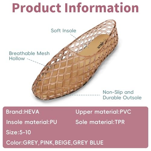 HEVA Women's Jelly Mesh Flats Breathable Clear Hollow Shoes Summer Beach Jellies Ballet Sandals(6 M US Beige) - Image 2