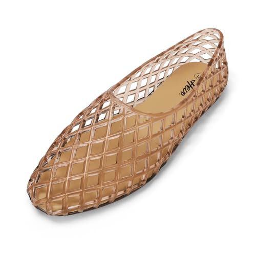 HEVA Women's Jelly Mesh Flats Breathable Clear Hollow Shoes Summer Beach Jellies Ballet Sandals(6 M US Beige) - Image 3
