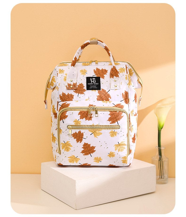 Harry Baby Stylish Autumn Leaves Pattern Diaper Backpack with Spacious Compartments