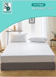 Saudi Deals 3-piece White Cotton Fitted Bedsheet Set with Deep-Pocket Sheet and 2 Pillow Covers, Breathable and Machine Washable, King, Queen, and Single Sizes Available.  - Image 1