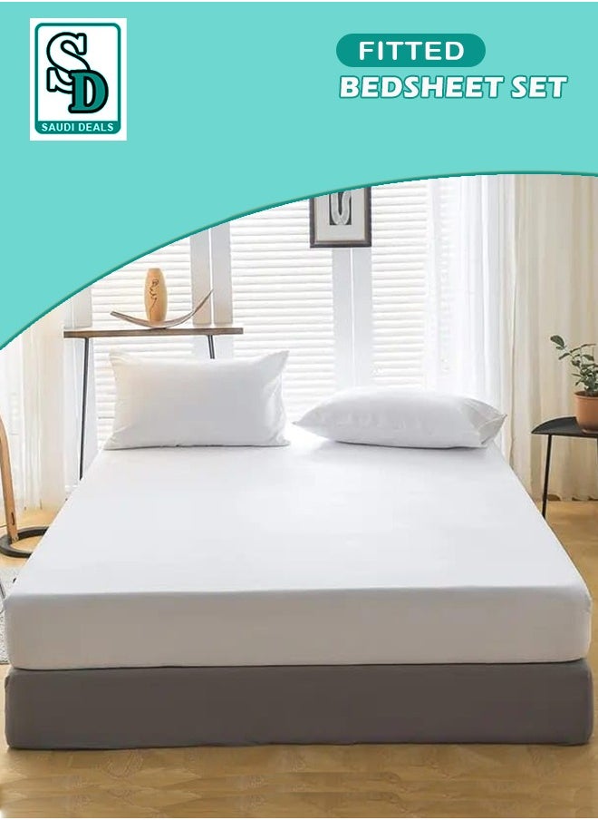 Saudi Deals 3-piece White Cotton Fitted Bedsheet Set with Deep-Pocket Sheet and 2 Pillow Covers, Breathable and Machine Washable, King, Queen, and Single Sizes Available.  - Image 1