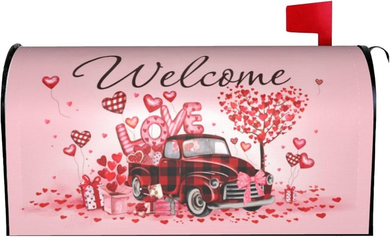 ARKUKT Valentine's Day Mailbox Cover Magnetic Welcome Love Heart Truck Mailbox Wraps Post Letter Box Cover for Garden Yard Home Decor Standard Size 21" x 18" - Image 1