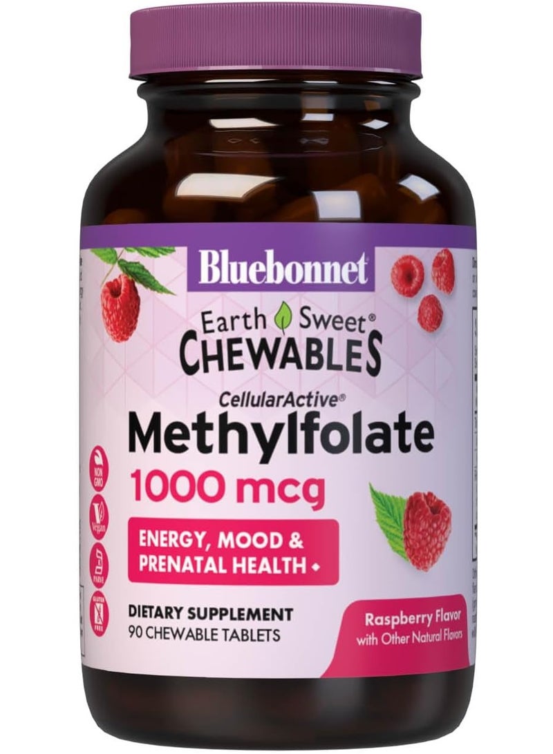 Bluebonnet EarthSweet Methylfolate 1000 mcg Cellular Active Coenzyme 5-MTHF L Methyl Folate Supplement - Prenatal & Energy Support - Non-GMO, Vegan, Gluten-Free - Raspberry - 90 Chewable Tablets - Image 1