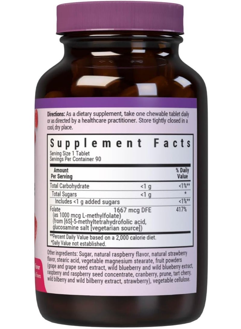 Bluebonnet EarthSweet Methylfolate 1000 mcg Cellular Active Coenzyme 5-MTHF L Methyl Folate Supplement - Prenatal & Energy Support - Non-GMO, Vegan, Gluten-Free - Raspberry - 90 Chewable Tablets - Image 2