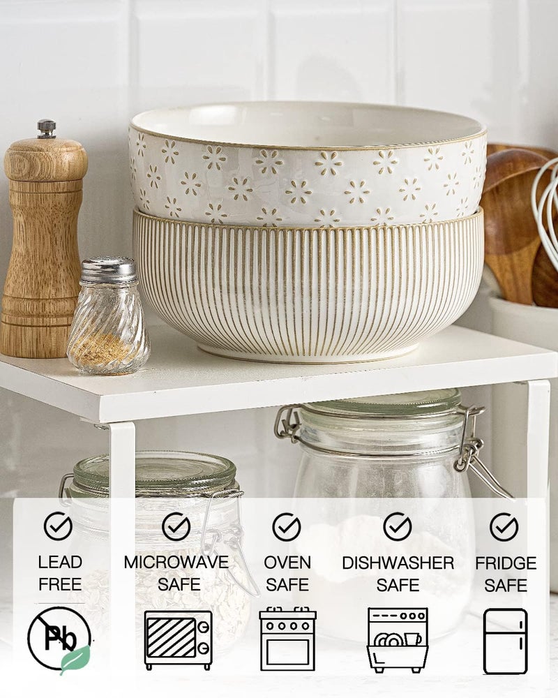 getstar Large Serving Bowls 8 inch  60 fl oz Ceramic Salad Bowl Set of 2 Microwave and Dishwasher Safe Farmhouse Kitchen Decorative Bowls Set Embossed Stripes  Stars - Image 4