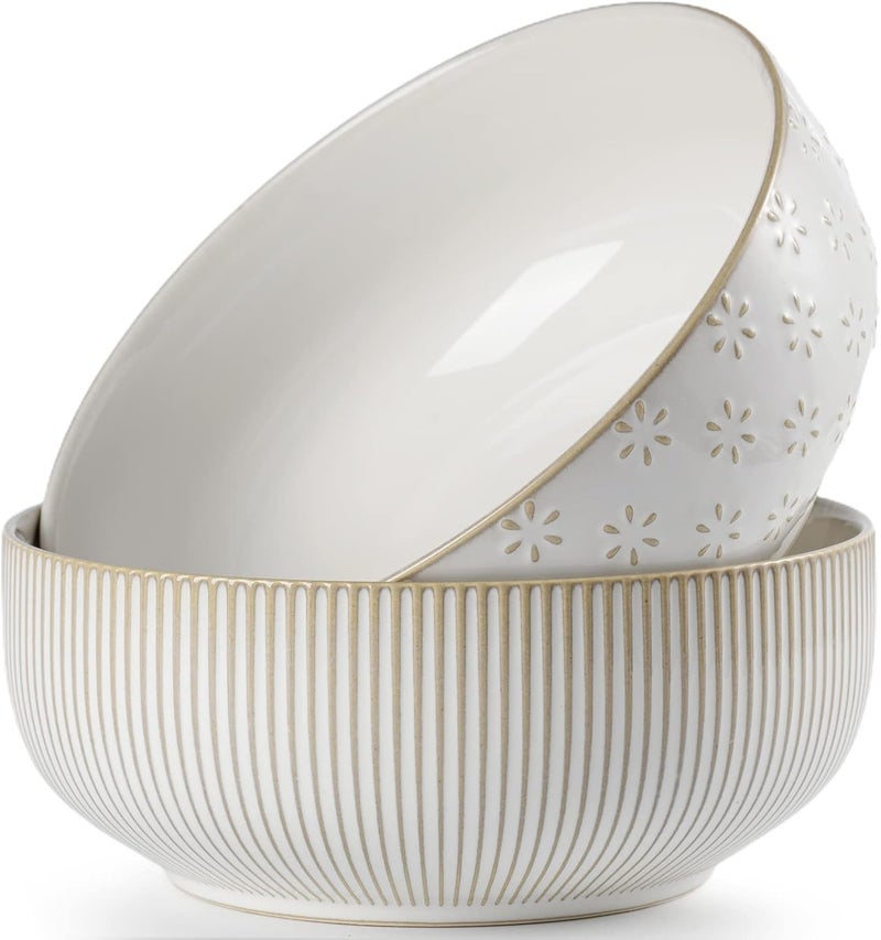 getstar Large Serving Bowls 8 inch  60 fl oz Ceramic Salad Bowl Set of 2 Microwave and Dishwasher Safe Farmhouse Kitchen Decorative Bowls Set Embossed Stripes  Stars - Image 1