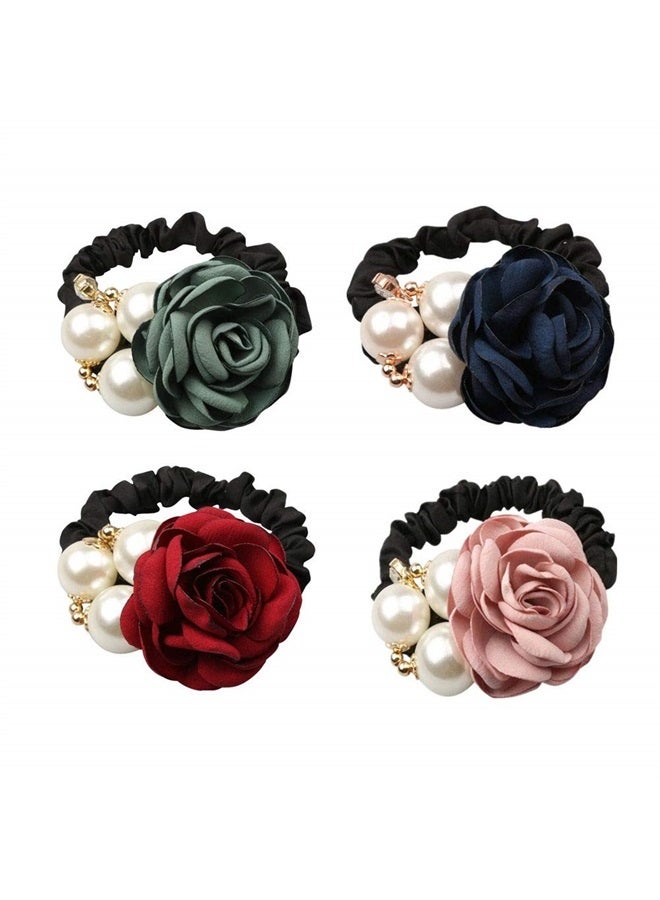 4Pcs Korean Fashion Pearl Hair Rope Rose Flower Hair band Rhinestone Hair Ties Rubber Band Hair Jewelry