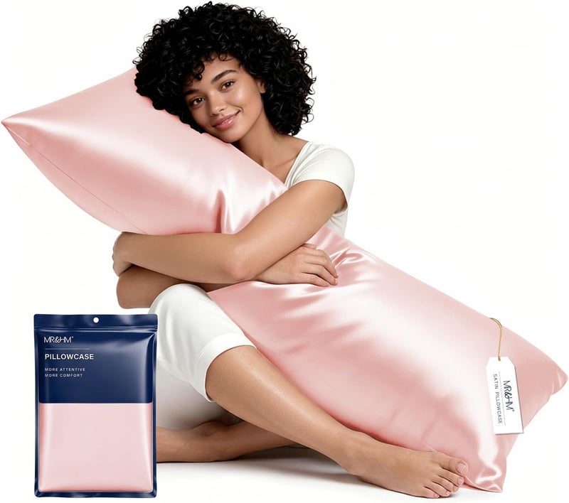 MR&HM Satin Body Pillow Cover, Soft and Breathable Body Pillow Case with Envelope Closure, Cooling and Silky Long Pillowcase for Hair and Skin,Grey (20x54, Light Pink) - Image 1