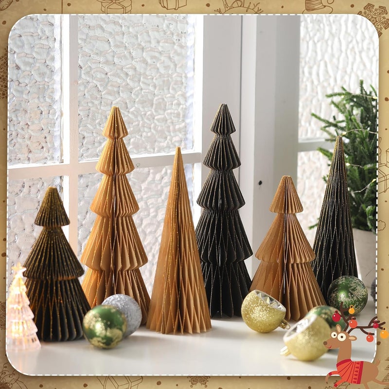Watersay 6 Pcs Glitter Gold Christmas Tree Honeycomb Centerpiece Minimalist 3D Paper Trees Centerpiece Modern Christmas Decor Rustic Reusable Table Decoration for Home Decor Xmas Gift - Image 2