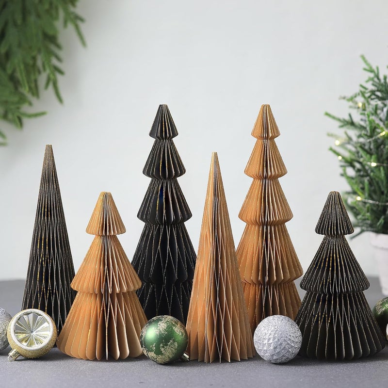 Watersay 6 Pcs Glitter Gold Christmas Tree Honeycomb Centerpiece Minimalist 3D Paper Trees Centerpiece Modern Christmas Decor Rustic Reusable Table Decoration for Home Decor Xmas Gift - Image 1