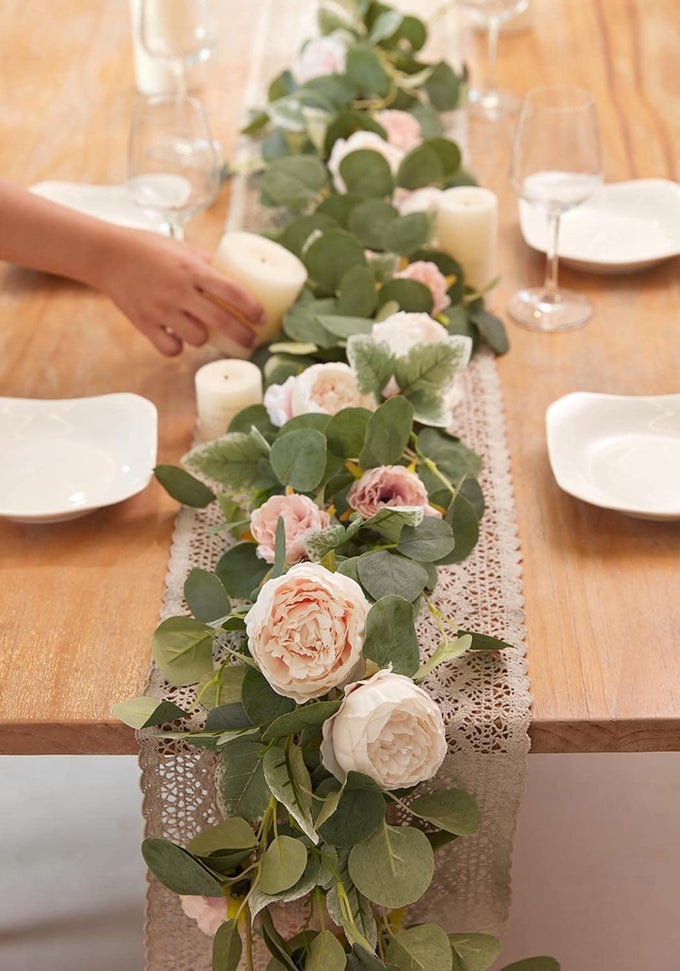 2PCS ARTIFICIAL FLOWERS GARLAND SPRING EUCALYPTUS GARLAND VINTAGE FAKE FLOWER PEONY ROSE VINE GREENERY DECORATIVE WALL HANGING PLANT FOR WEDDING ARCH DOOR ARRANGEMENT PARTY DECOR