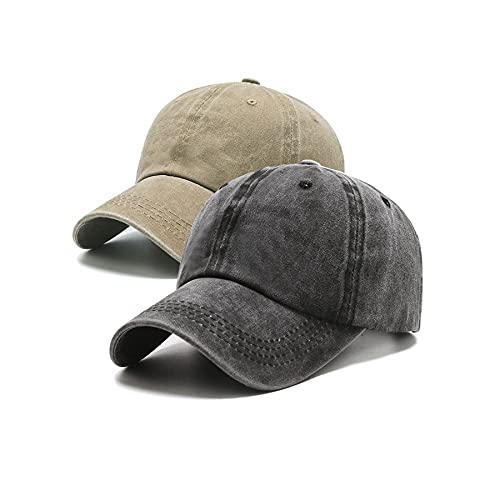 PFFY 2 Packs Vintage Washed Distressed Baseball Cap Dad Golf Hat Black+Khaki - Image 1