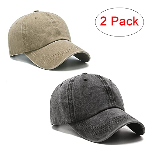 PFFY 2 Packs Vintage Washed Distressed Baseball Cap Dad Golf Hat Black+Khaki - Image 2