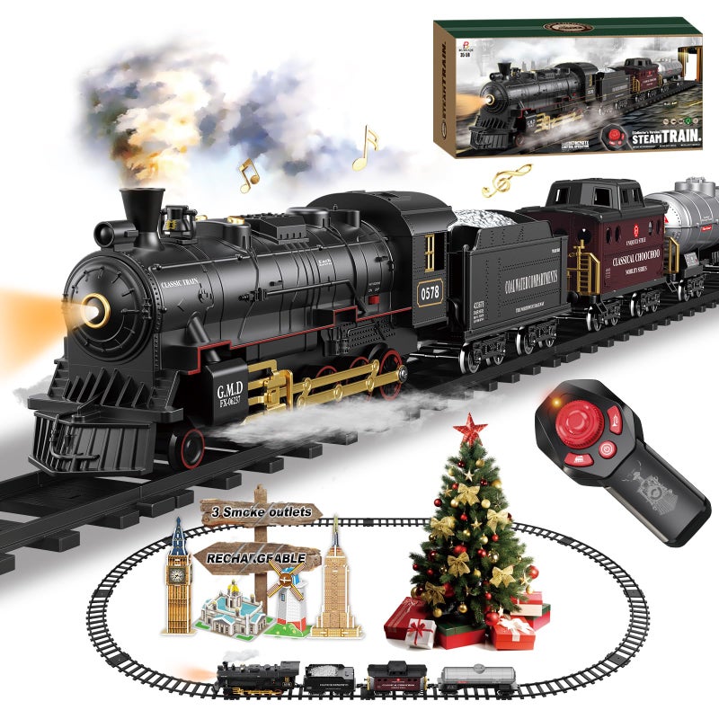 BUBUQE Electric Remote Control Train Set Christmas Trains Steam Locomotive Cargo Car Tracks Rechargeable Train Toys for Kids w3 SmokeWhistle Lights Christmas Birthday Gift for Boys Girls 3 4 5 6 7 - Image 2