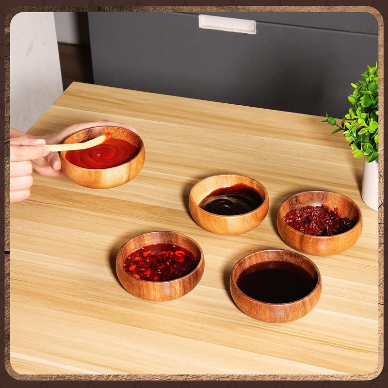 Skylety 20 Pcs Acacia Wooden Bowls Small Calabash Bowls Round Wood Salad Hand Carved Calabash Dip Tray for Serving Popcorn Pasta Candy Cereal Coconut Nuts Sauce Appetizers Kitchen (4 Inch) - Image 4