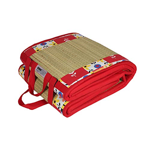 KALA DARSHAN CRAFTS BAZAAR - Foldable Mat with Korai River Grass Chatai 2.5 X 6 Feet 15MM Soft Foam Red Cotton Fabric, Reduced Back Pain Portable - Image 1