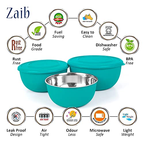 Zaib Microwave Safe Stainless Steel Mixing Bowl Set with Lids | 500ml, 800ml, 1250ml | Turquoise Euro Style Food Storage Containers for Kitchen | Pack of 3 (Classic Turquoise), Green - Image 2