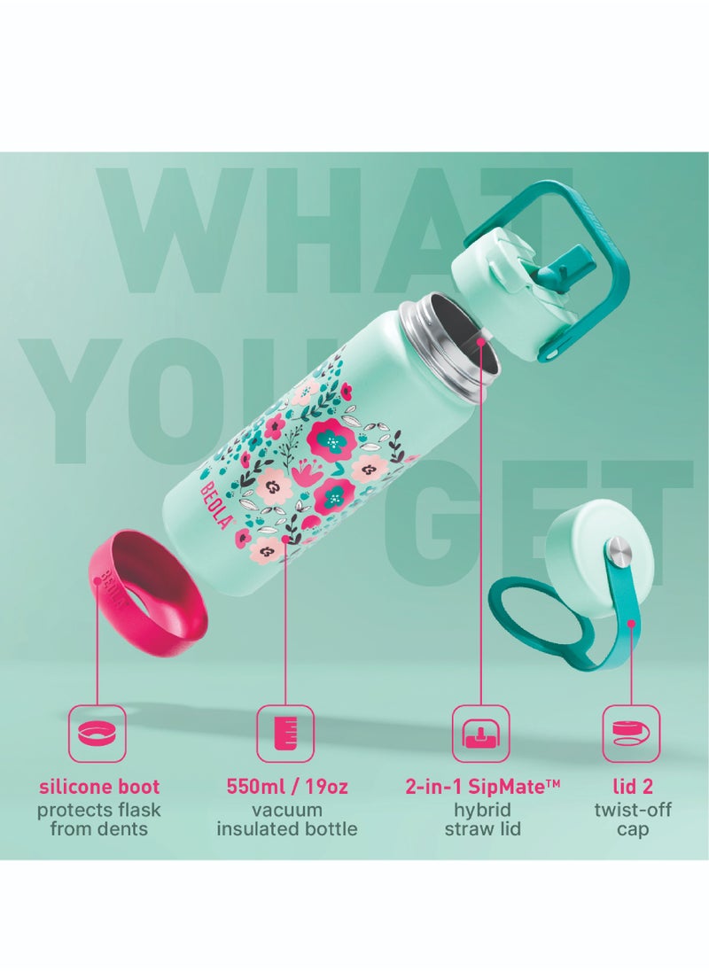 BEOLA 550ml Kids Water Bottle 18/8 Stainless Steel Double Wall Insulated Thermos Bottle with Straw Lid and Wide Mouth, Hot Cold Liquids Sports School Bottle (19oz, Ever Blooming)  - Image 2