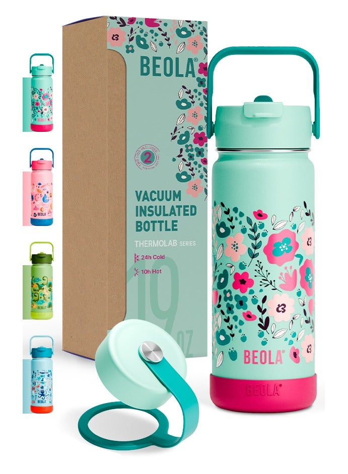 119 AED 550ml Kids Water Bottle 18/8 Stainless Steel Double Wall Insulated Thermos Bottle with Straw Lid and Wide Mouth, Hot Cold Liquids Sports School Bottle (19oz, Ever Blooming)