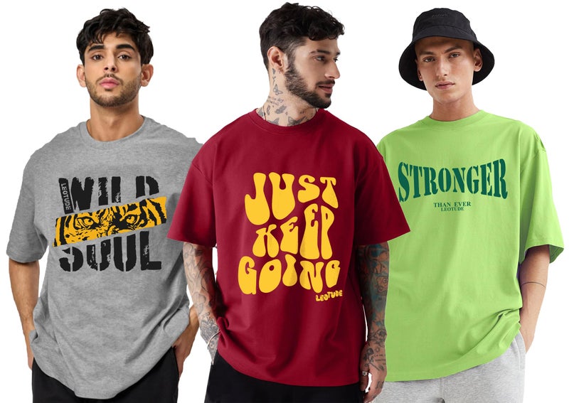 LEOTUDE Men's Oversized Half Sleeve Cottonblend Round Neck T-Shirt (PO3_FS49_Wolf_MSTD_Smile_Shark_P_Black_Multicolor2_XXL) - Image 1