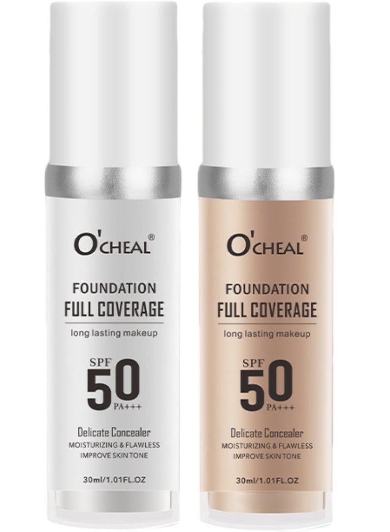 OCHEAL 2PCS Color Changing Foundation Set, Flawless Full Coverage SPF50 PA+++, Includes Brushes & Sponge, Moisturizing Non-Greasy Liquid Foundation for All Skin Types Each 30ml - Image 1