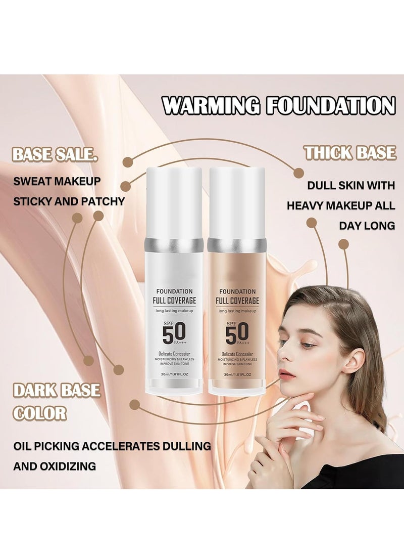 OCHEAL 2PCS Color Changing Foundation Set, Flawless Full Coverage SPF50 PA+++, Includes Brushes & Sponge, Moisturizing Non-Greasy Liquid Foundation for All Skin Types Each 30ml - Image 2