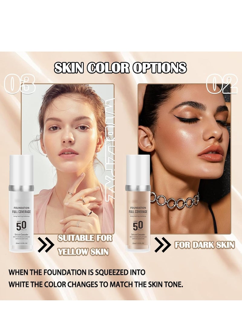 OCHEAL 2PCS Color Changing Foundation Set, Flawless Full Coverage SPF50 PA+++, Includes Brushes & Sponge, Moisturizing Non-Greasy Liquid Foundation for All Skin Types Each 30ml - Image 4