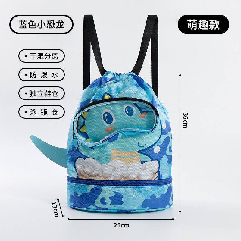 Kids Swim Bag Wet Dry SeparationUpgraded Blue Dinosaur with Shoe Bin Upgraded Blue Dinosaur with Shoe Bin