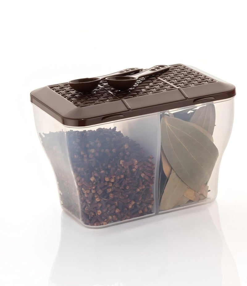 HAPPI Multipurpose Plastic 2 in 1 Masala Box for Kitchen, Spice Boxes for Kitchen, Transparent 2 Compartment Storage Containers Airtight Grocery, Dry Fruits Box 2000 Ml with 2 Spoons(Brown) - Image 2