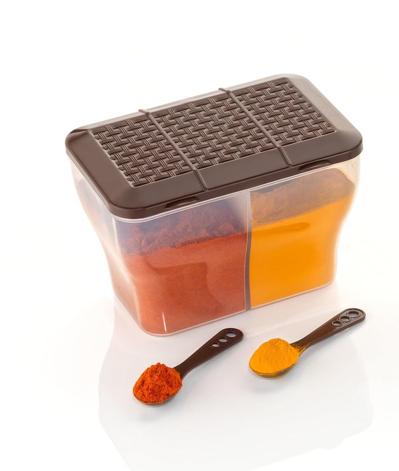 HAPPI Multipurpose Plastic 2 in 1 Masala Box for Kitchen, Spice Boxes for Kitchen, Transparent 2 Compartment Storage Containers Airtight Grocery, Dry Fruits Box 2000 Ml with 2 Spoons(Brown) - Image 1