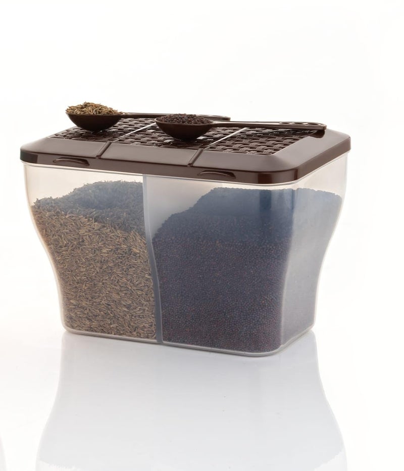 HAPPI Multipurpose Plastic 2 in 1 Masala Box for Kitchen, Spice Boxes for Kitchen, Transparent 2 Compartment Storage Containers Airtight Grocery, Dry Fruits Box 2000 Ml with 2 Spoons(Brown) - Image 5