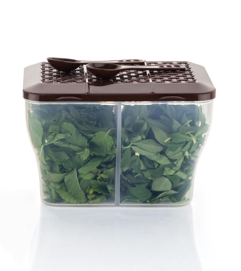 HAPPI Multipurpose Plastic 2 in 1 Masala Box for Kitchen, Spice Boxes for Kitchen, Transparent 2 Compartment Storage Containers Airtight Grocery, Dry Fruits Box 2000 Ml with 2 Spoons(Brown) - Image 4